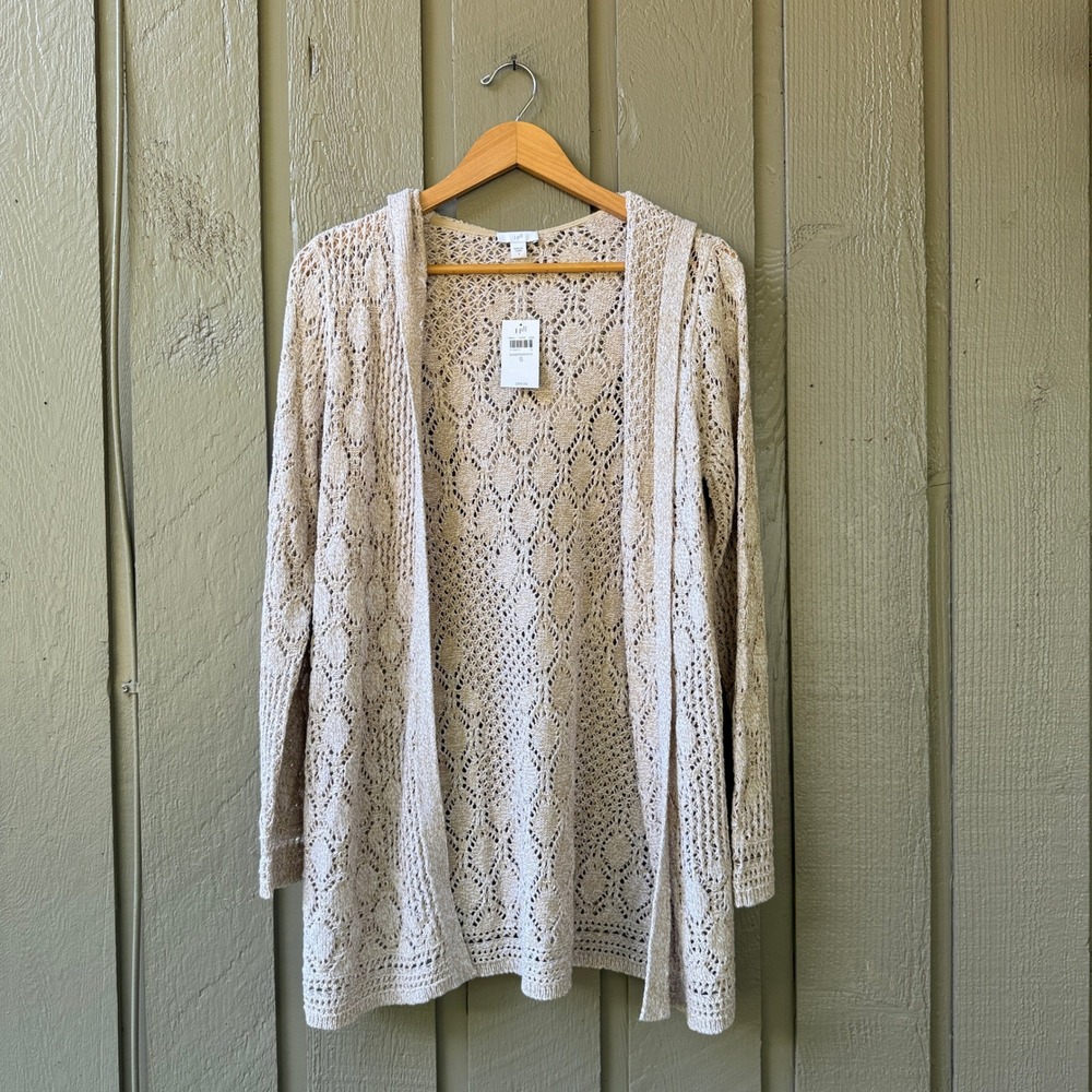 J. Jill Crochet Hooded Cardigan Womens Small Sandbar White Pointelle Cotton S